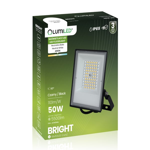 Ulkokäyttöinen LED-valaisimet BRIGHT vedenpitävä 50W 5500lm 4000K IP65 LUMILED