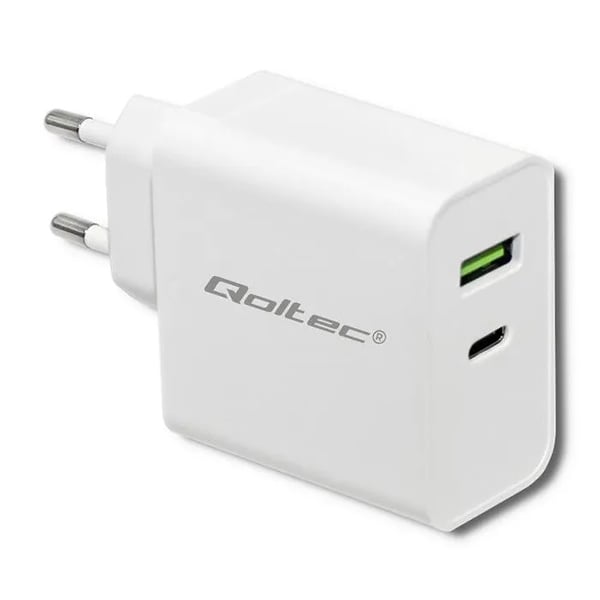 Qoltec 45W väggladdare | 5-20V | 2.4-3A | USB Typ C PD | USB | Vit
