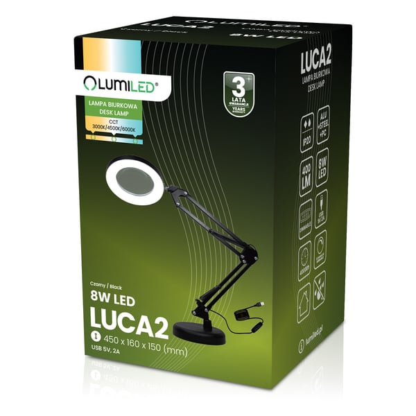 Skrivbordslampa LED 8W CCT ritning bordlampa 3x glasförstoring lupa LUCA 2 svart LUMILED