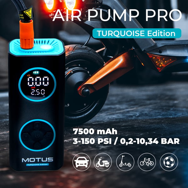 Motus AirPump Pro Turkis Edition 96W 7500 mAh trykkmåler