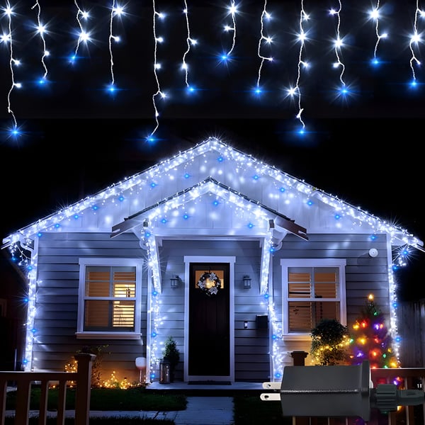 Lange 500 LED istaplys udendørs julelys med blitzeffekt. Udendørs 500 LED istaplys koldhvid + blitz.