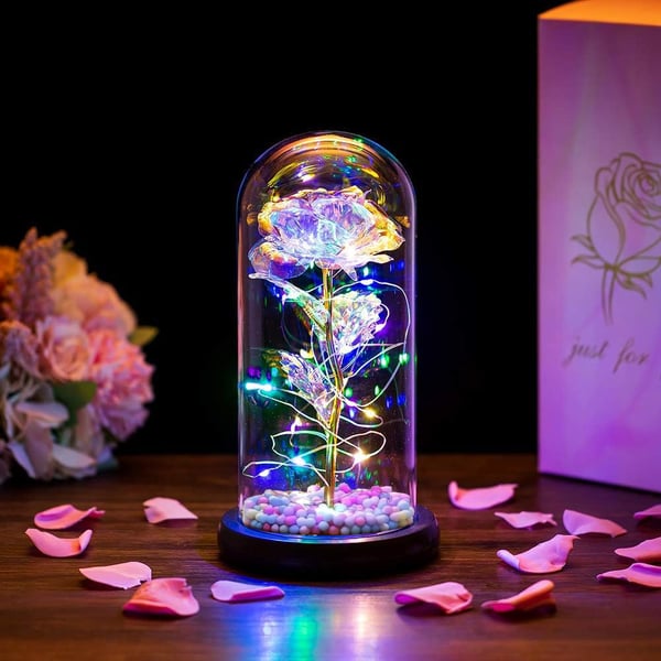 Eviga ros i glas, glitterud, LED, presentidé - farver