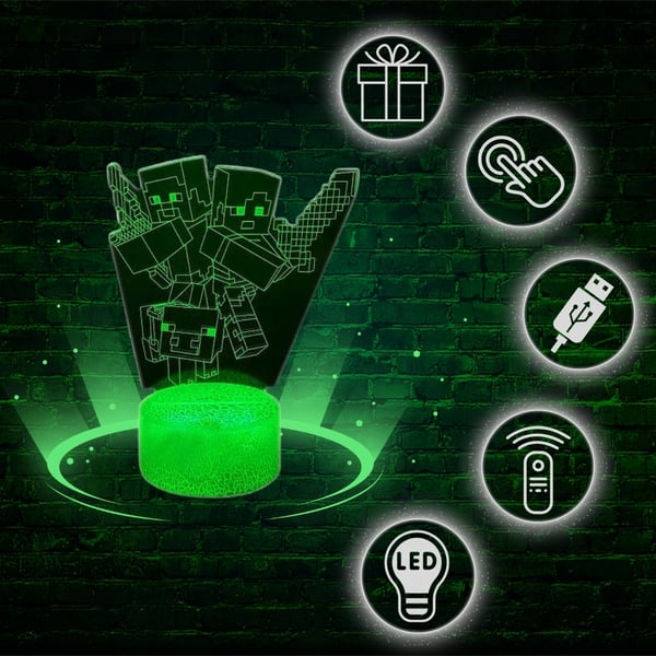 Pöytäyövalaisin lapsille Minecraft Creeper 16 LED 3D + kaukosäädin