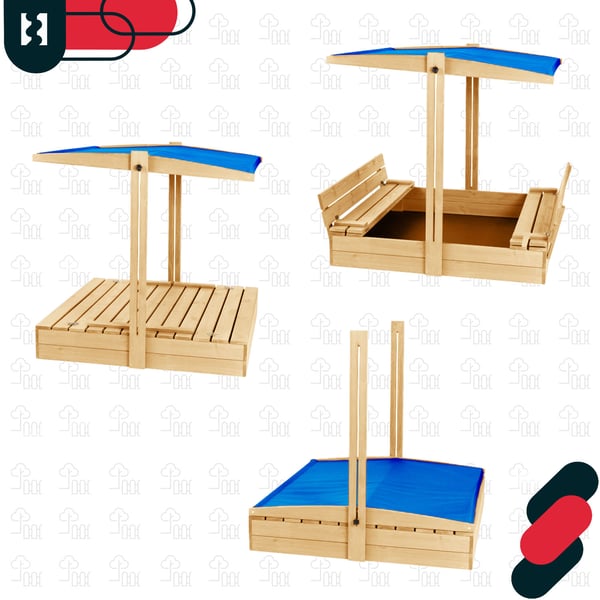 KOTARBAU® Stor sandlåda i trä med blått tak, impregnerad, sluten, med bänkar, 100 x 100 cm