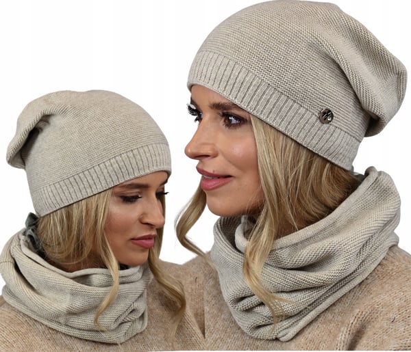 Varm damesæthue med snood beige B1