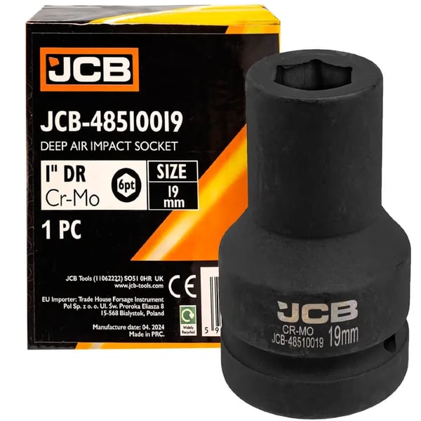 JCB SLAGTOPPENØGLE dyb 1" 19 mm 6-punkts Cr-Mo topnøgle