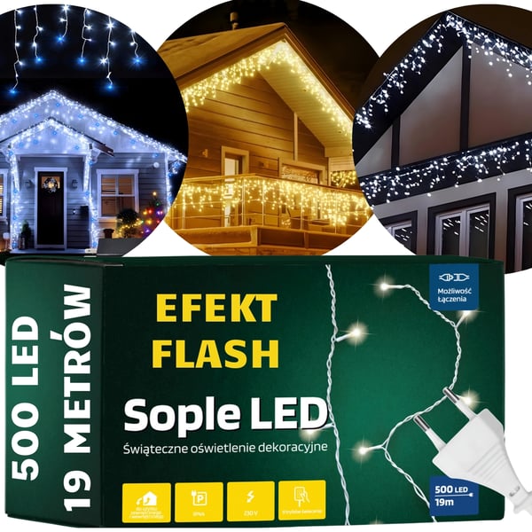 Lange 500 LED istaplys udendørs julelys med blitzeffekt. Udendørs 500 LED istaplys koldhvid + blitz.