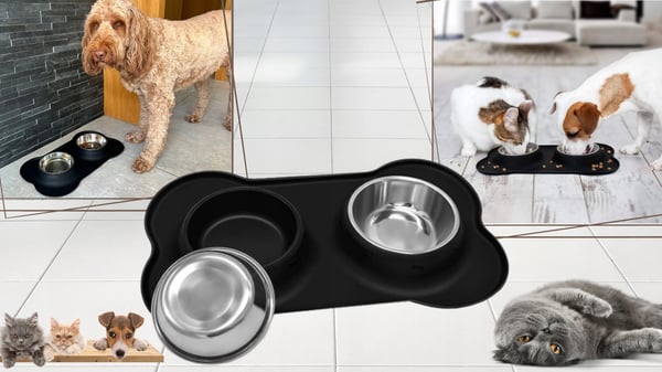 Dubbel skål för hund och katt med halkfri matta