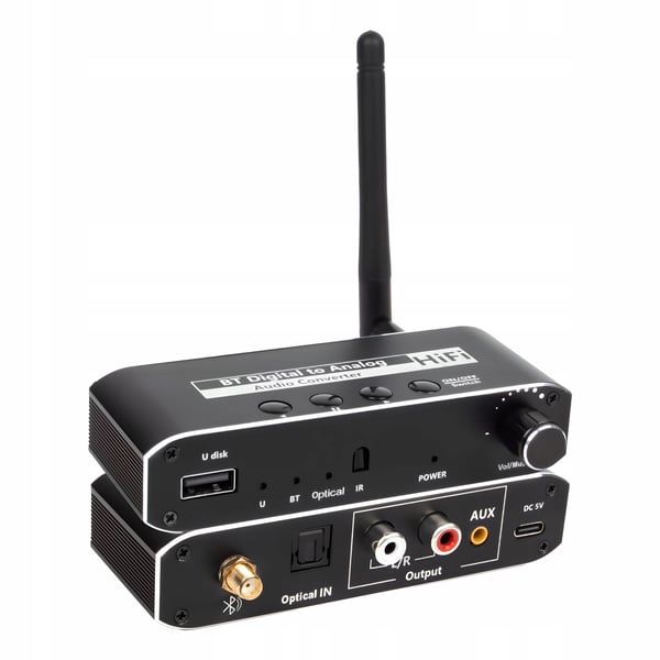 BLUETOOTH 5.0-RECEIVER LJUDOMVANDLARE DAC TOSLINK 2x CINCH AUX BT + USB