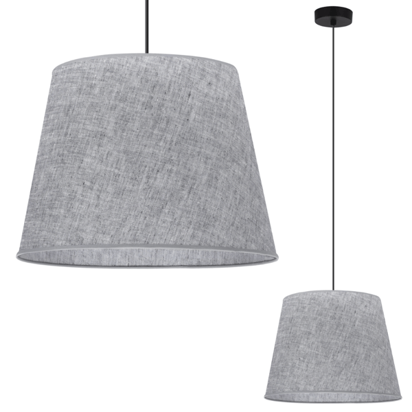 Hængelampe, linnedkegle, sort, 1 flad, grå lampeskærm L03 38cm
