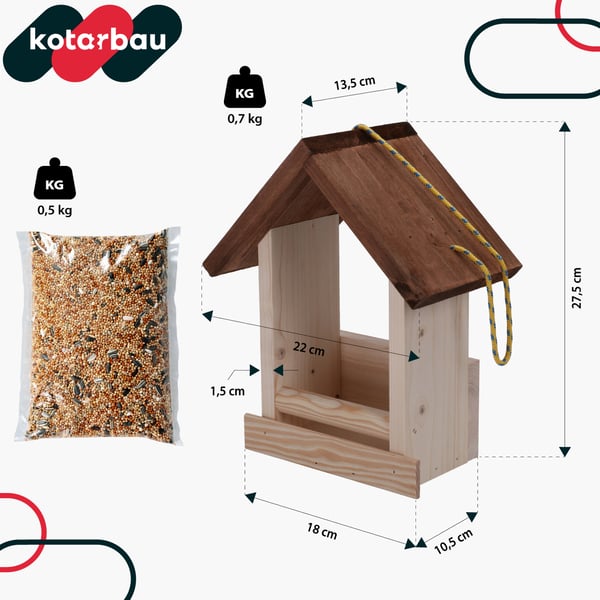 KOTARBAU® Ophængt fuglefoderautomat åben kasse til altan/have træ 270 x 230 x 135 mm + foder 0,5 kg