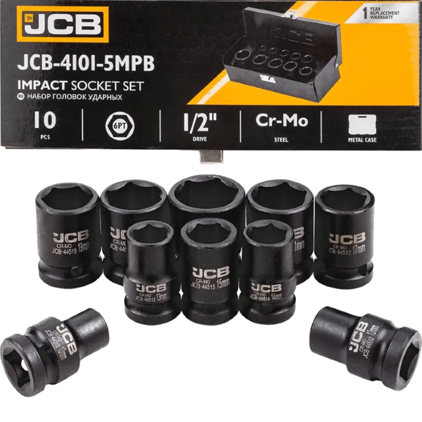 JCB iskuhylsysarja 1/2" Cr-Mo 6-kulmainen 10-osainen 10-24mm