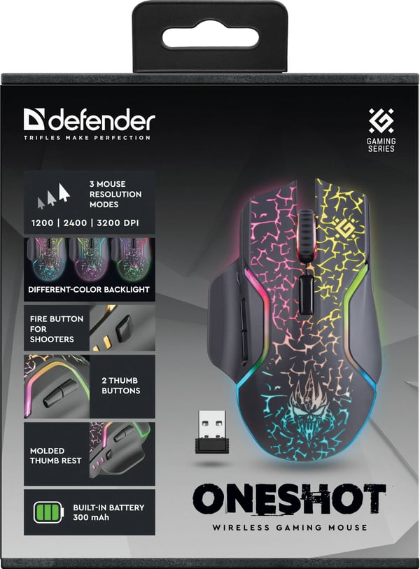 Defender oneshot GM-067 trådlös optisk mus 3200 dpi svart RGB uppladdningsbar 7 knappar Gaming