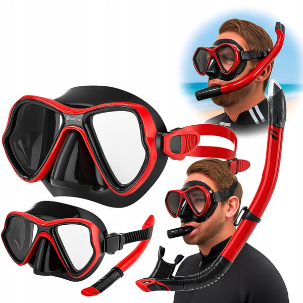 Dykset mask med slang, snorkel och simglasögon för snorkling