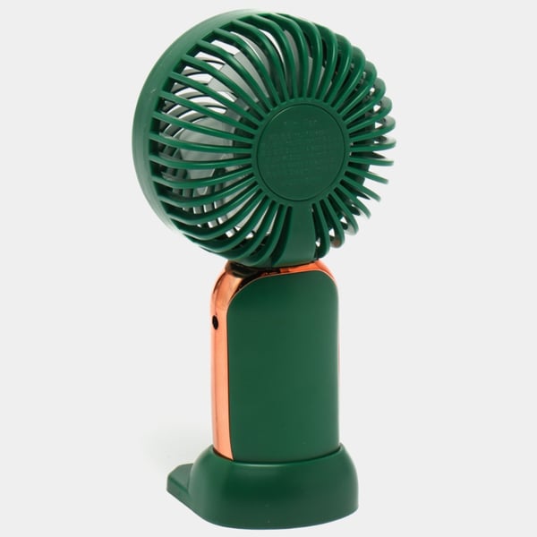 Mini lommeventilator i rosaguld med USB-genopladeligt batteri og stativ