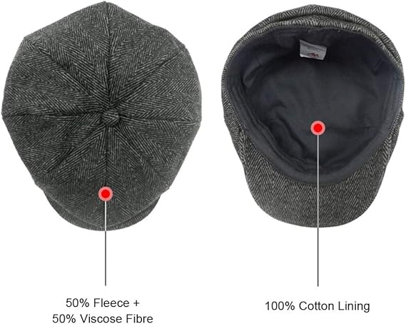 Barettipipo lipalla, vapaa-ajan lippis, tummanharmaa kalanruotokuvio, 50% villaa, koko L/XL