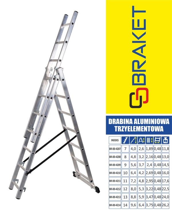 3-osaiset alumiinitikkaat 420 cm, 7+7+7 askelmaa - BR-00-4207