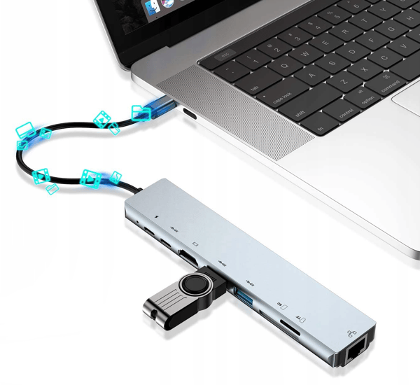 USB-C 8-i-1 hub adapter RJ45 100Mb/s HDMI 4K USB 3.0 til Windows/Mac/Steam