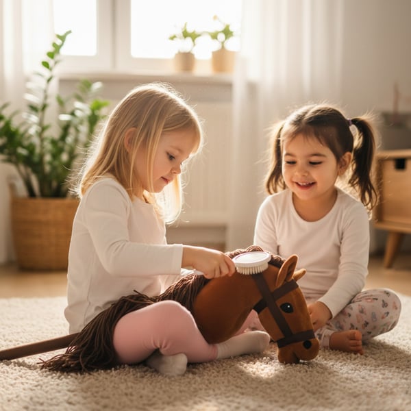Kæphest hestehoved på pind lyd plys brun blød manke galop