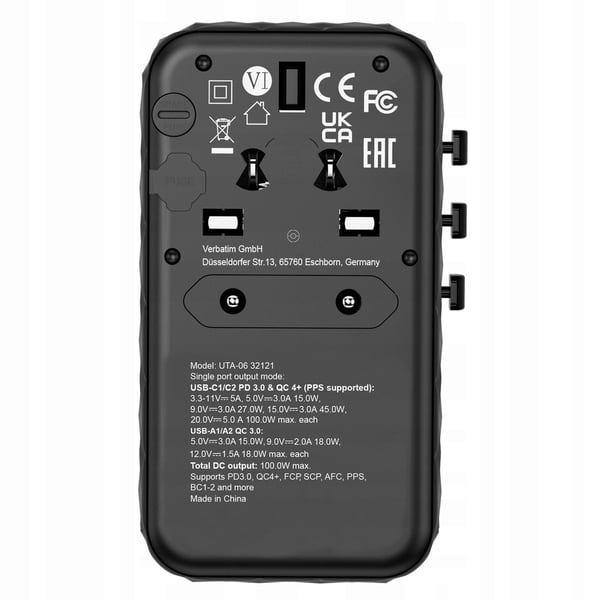 Verbatim UTA-06 GaN III globaali matkasovitin 2xUSB-C PD QC 4+ 100W, 2xUSB-A QC 3.0 18W