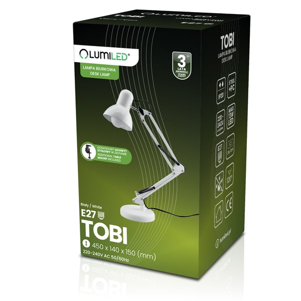 Pöytälamppu piirustus E27 TOBI valkoinen Lumiled ja kiinnike työpöydälle