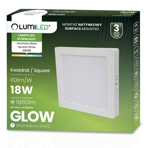 Utanpåliggande LED-taklampa 18W fyrkantig 4000K GLOW vit LUMILED