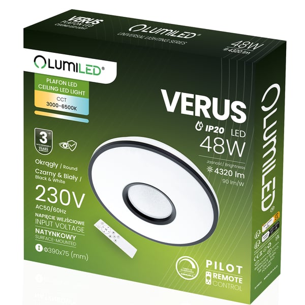 LED-kattovalaisin pinta-asennettava VERUS 48W CCT valkoinen pyöreä 40cm + LUMILED-kaukosäädin
