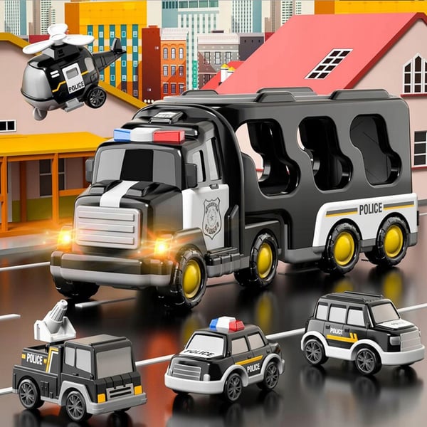 Suuri poliisin hinausauto ääni- ja valotoiminnolla, autot, helikopteri, kuorma-auto, poliisi 5 yhdessä