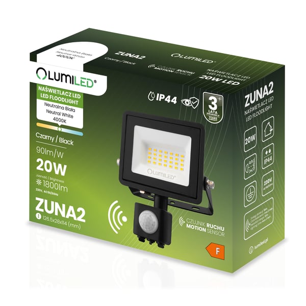 LED-strålkastare ZUNA2 20W 1800lm 4000K IP44 svart med rörelsesensor LUMILED