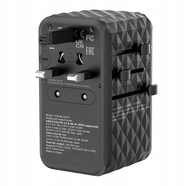 Verbatim UTA-06 GaN III globaali matkasovitin 2xUSB-C PD QC 4+ 100W, 2xUSB-A QC 3.0 18W