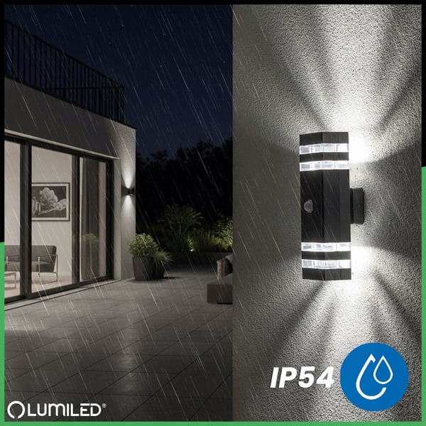 Trädgårdslampa, Vägglampa, Fasad, Topp, Botten, 2xGU10, Svart, Rörelse- och skymningssensor, IP54, PROTEA LUMILED