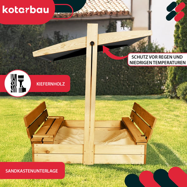 Kotarbau® Suuri puinen hiekkalaatikko harmaalla katolla, suljettu ja penkeillä, 100 x 100 cm