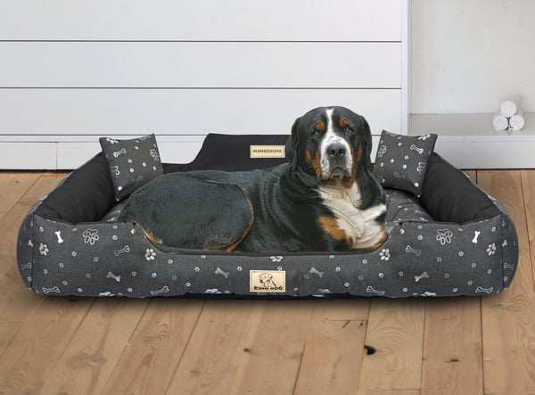 Hundeseng kennel KINGDOG 115x95 cm personaliseret vandtæt sølv knogler