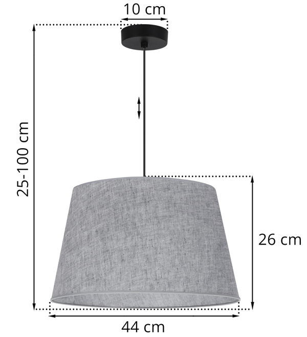 Hængelampe, linnedkegle, sort, 1 flad, grå lampeskærm L04 44cm