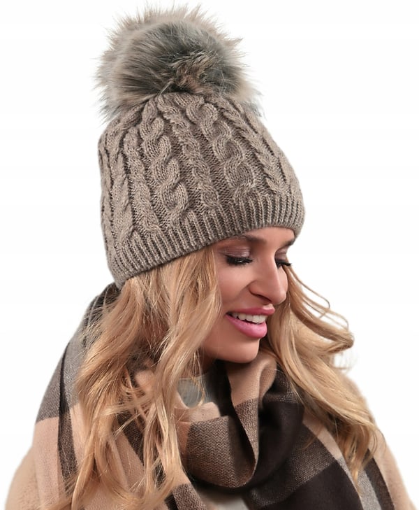 Varm damvintermössa med pompom isolerad fleece Beania Latte UNI