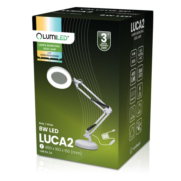 LUCA 2 LED skrivebordslampe 8W CCT tegnebordslampe 3x forstørrelsesglas Hvid LUMILED