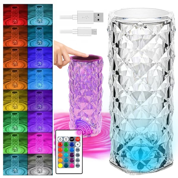 LED krystal touch natlampe til skrivebord, diamant, rosafarvet, fjernbetjening