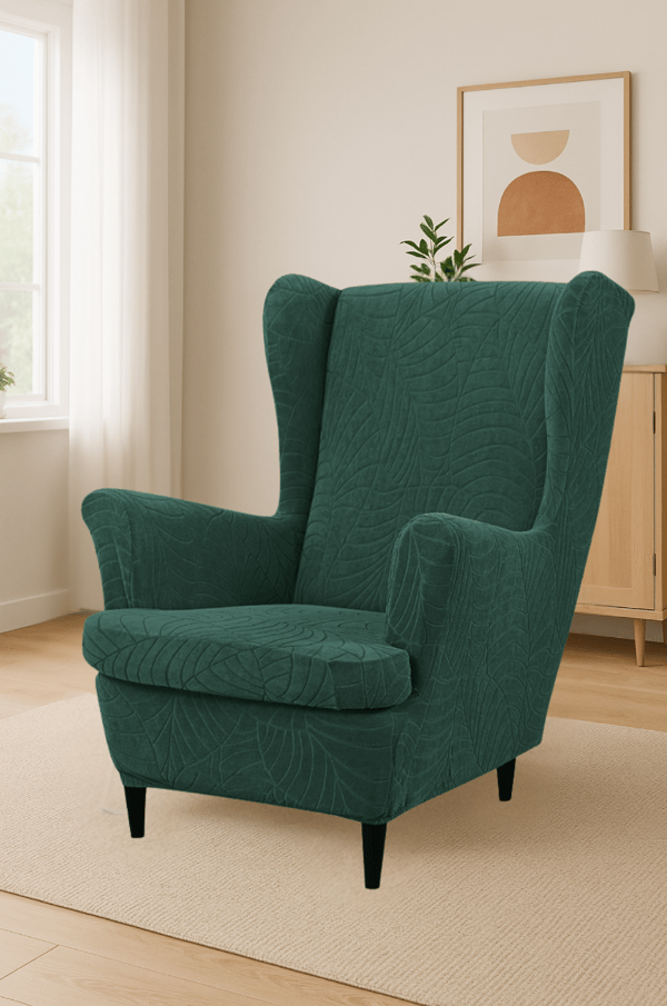 Päällinen siipimäiseen nojatuoliin, pullonvihreä sametti, jacquard-kuvio, kuminauha [30-Z3-ZLB]