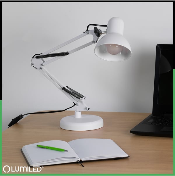Pöytälamppu piirustus E27 TOBI valkoinen Lumiled ja kiinnike työpöydälle