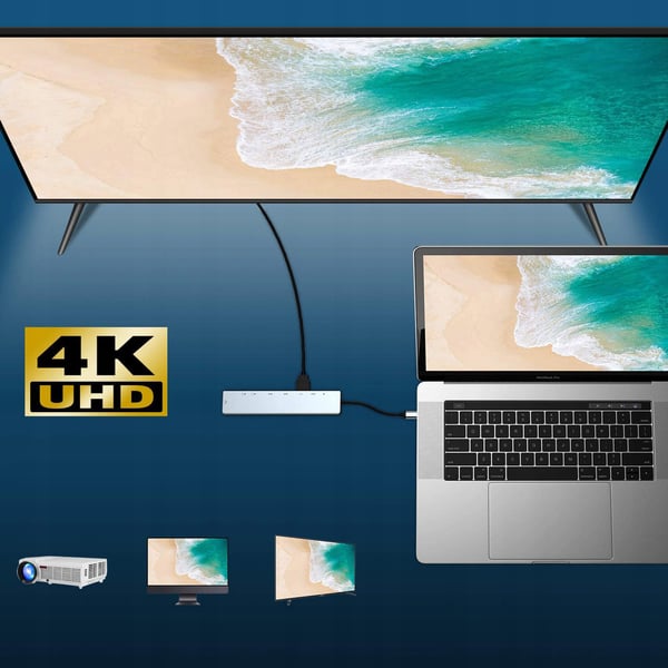 USB-C 8-i-1 hub adapter RJ45 100Mb/s HDMI 4K USB 3.0 til Windows/Mac/Steam