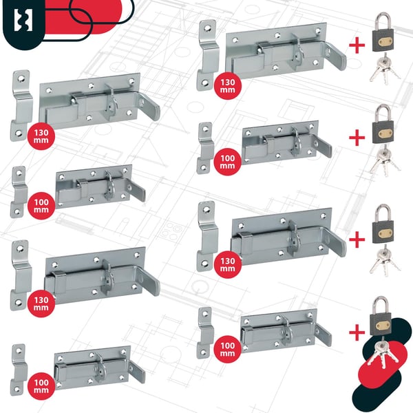 KOTARBAU® Universell raklås för dörrar, portar och hänglås, stål, 130 mm med hänglås