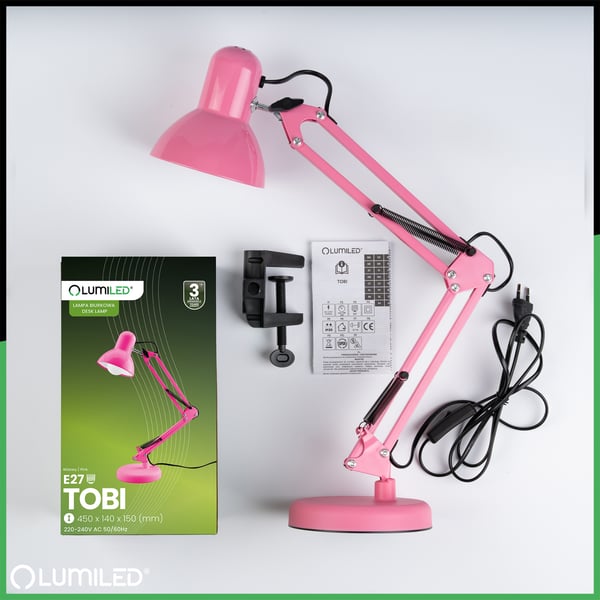 Pöytävalaisin TOBI E27 vaaleanpunainen Lumiled ja klemmipidike