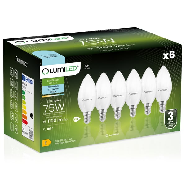 6x LED-pære E14 stearinlys B35 10W = 75W 1100lm 6500K koldt hvidt 180° LUMILED