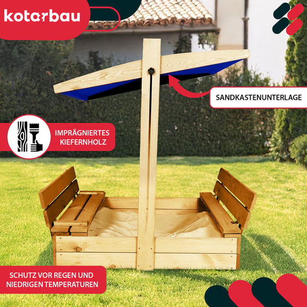 KOTARBAU® Stor sandlåda i trä med blått tak, impregnerad, sluten, med bänkar, 100 x 100 cm