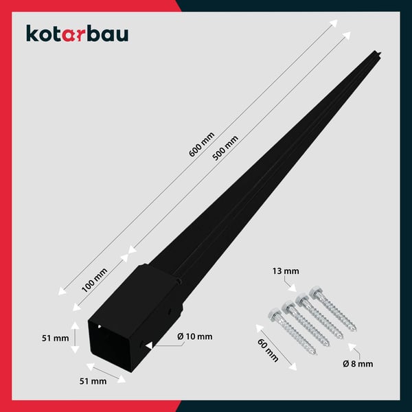 KOTARBAU® stålstolpefäste til pergola, pavillon, 51 x 51 x 600 mm, sort, 4-pak