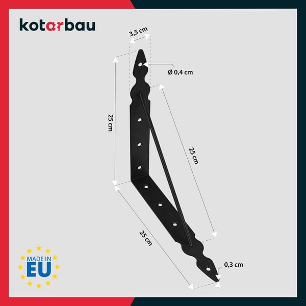 KOTARBAU® 2 stk. hyldekonsoller forstærket sort stål 250 x 250 mm trekantet hyldeskinne