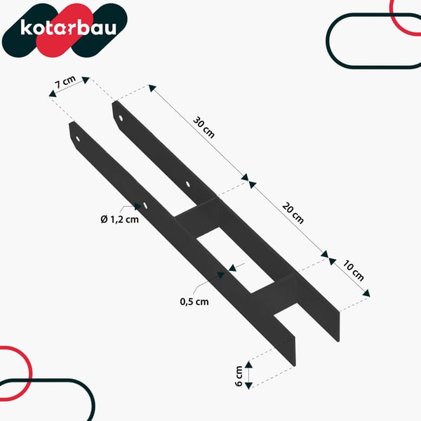 KOTARBAU H-stolpesokkel til vægmontering, anker, sort galvaniseret stål, 70 mm, 4-pak