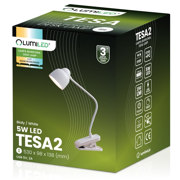 Pöytävalaisin LED 5W CCT Piirustus Koulu TESA 2 Valkoinen LUMILED