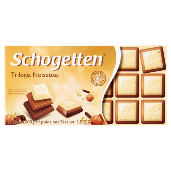Schogetten Valkosuklaa hasselpähkinäbrittleillä ja maitosuklaalla 100 g
