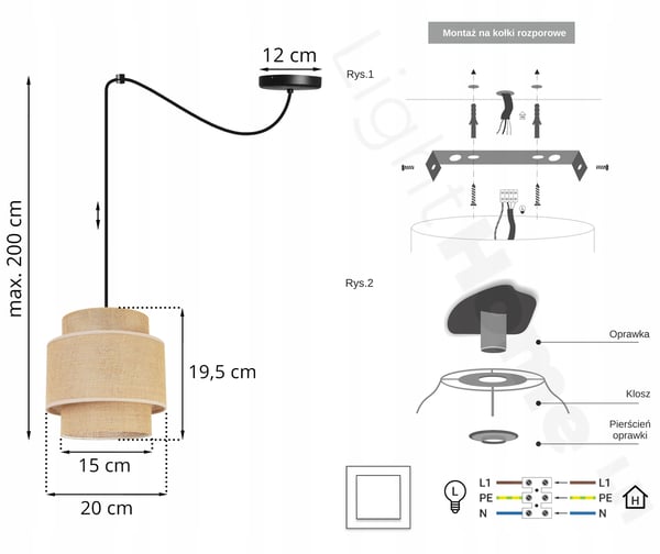 Hængende lampe, loftslysekrone, lampeskærm, boho juta